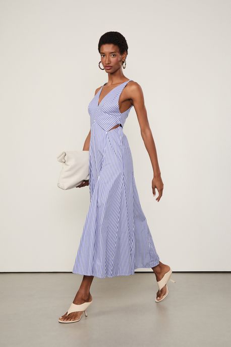 Vestido Longo Lenço Listras Azul/ Branco - 38