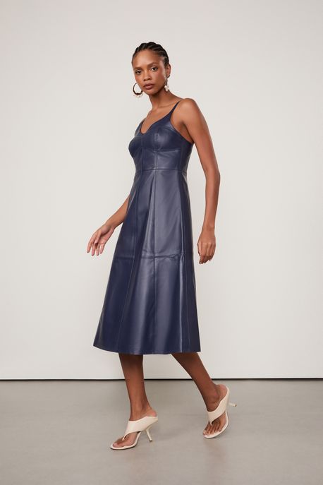 Vestido De Couro Midi Alca Recortes Azul Ancora - 36