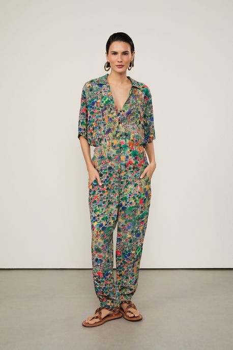 Macacão De Georgette Pesado Manga Curta Estampado Est Liberty Mapa Color - 40