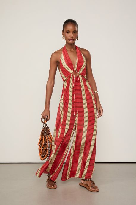 Macacão Longo Com Cut Estampado Est Bar Listra Raia Papiro e Flame - 38