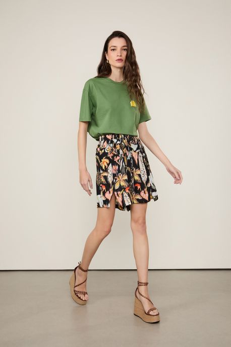 Bermuda De Georgette Pesado Estampada Cós De Elástico Est Folhagem Mata Donca Preto g - 44