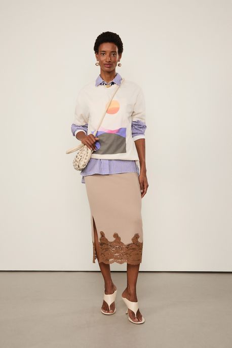 Saia De Tricot Midi Com Detalhe Renda Bege Amendoado/ Marrom Gengibre - GG