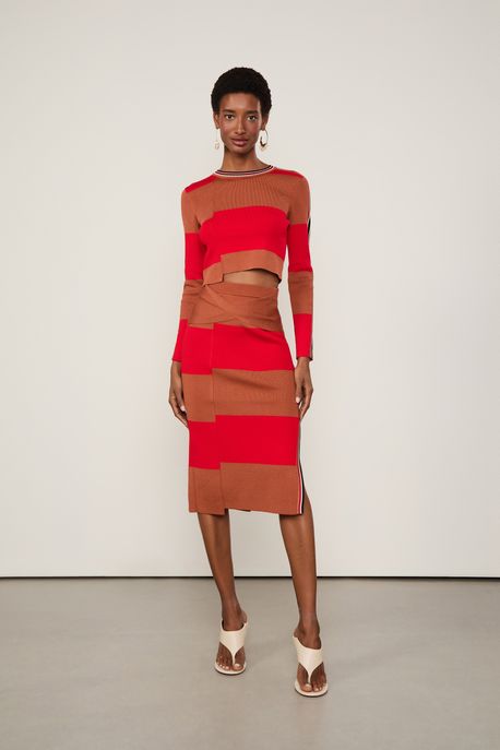 Saia De Tricot Midi Maxi Listra Bicolor Marrom Gengibre/ Vermelho Flame - M
