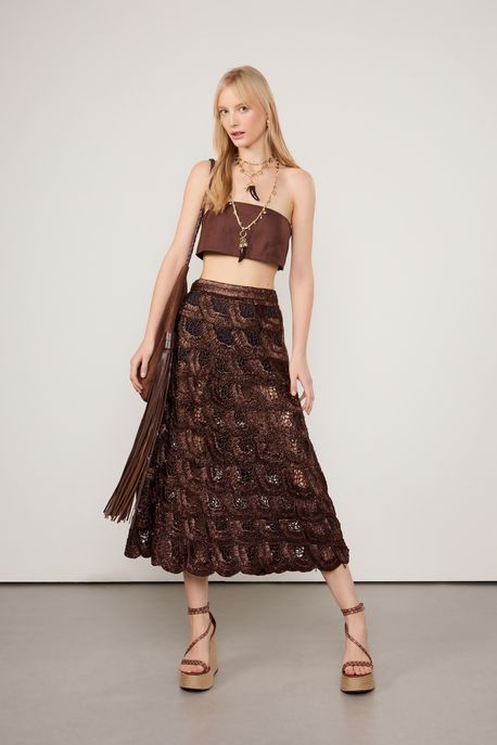Saia De Ráfia Natural Midi Marrom Cacau - P