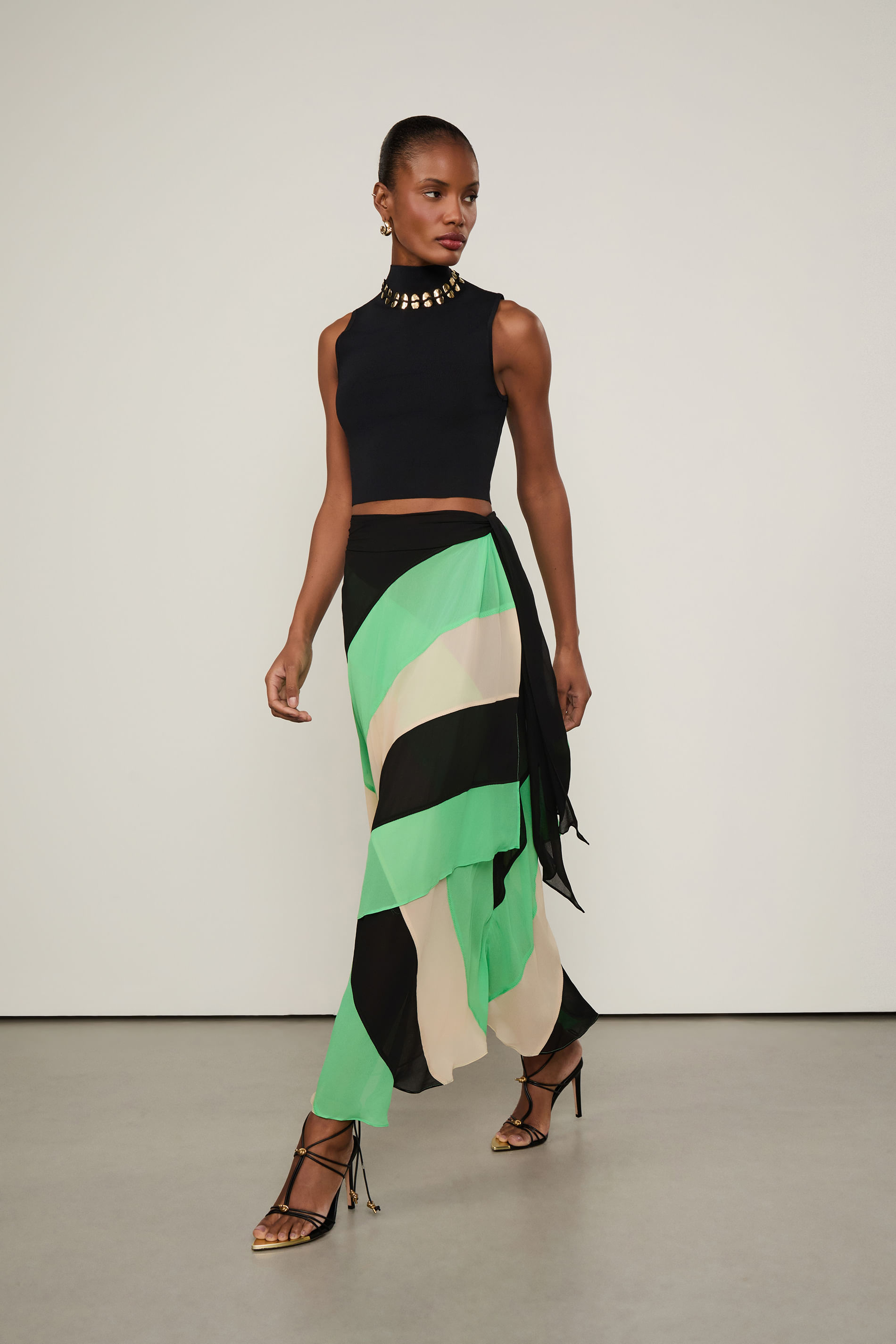 Saia Midi Georgette Midi Multicolor Listras Irregulares