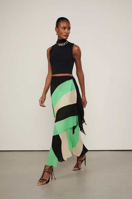 Saia Midi Georgette Midi Multicolor Listras Irregulares Multicolorido - 34