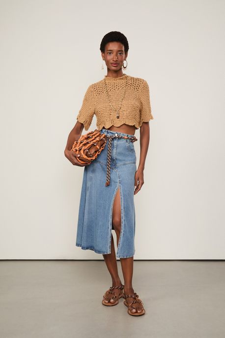 Saia Midi Jeans Pontas Jeans Medio - 42