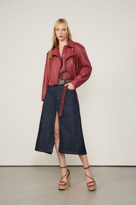 Saia Midi Jeans Fenda Frente e Costas Jeans Escuro - 40