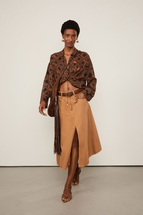 Saia Midi De Sarja Ponta Marrom Gengibre Marrom Gengibre - 40