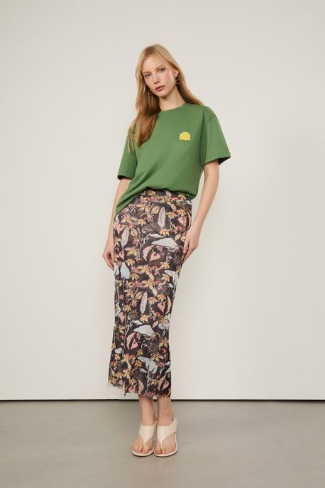 Saia De Tule Midi Folhagem Folhagem Mata Donca Preto p - G