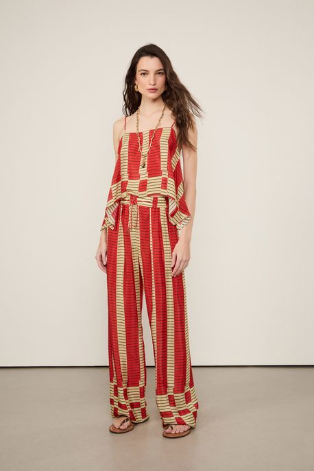 Calça Ampla Barrado Estampada Est Bar Listra Raia Papiro e Flame - 36
