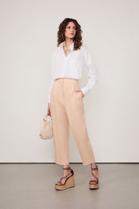 Calça De Linho Reta Com Bolso Embutido Bege Amendoado - 36