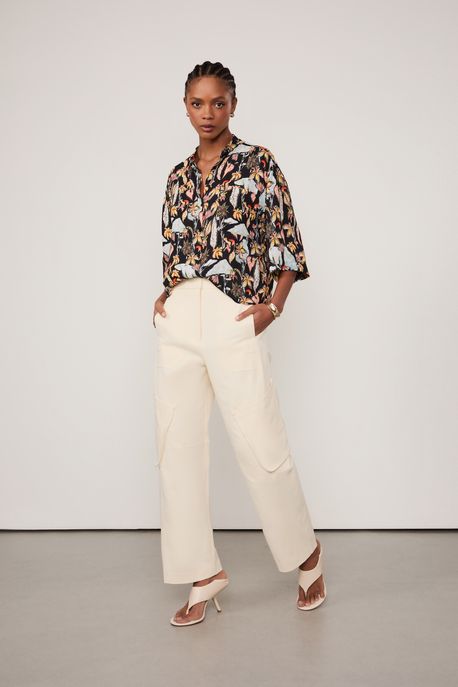 Calça De Algodão Misto Com Elastano Detalhe Bolsos Aplicados e Recortes Off White - 40