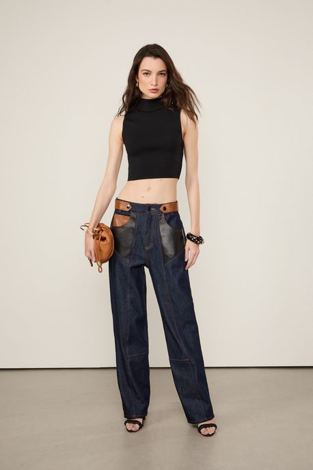 Calca Jeans Mix Couro Cintura Baixa Raw Jeans Escuro - 34