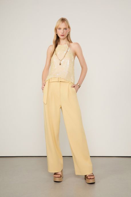 Calça De Malha Estruturada Ampla Amarelo Papiro - G