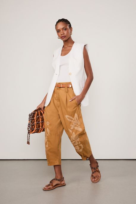 Calça De Sarja Bordado Ráfia Marrom Tan - 44