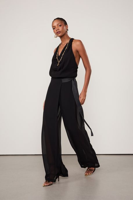 Calça De Georgette Leve Ampla Preta Cós Amarração Preto - 38