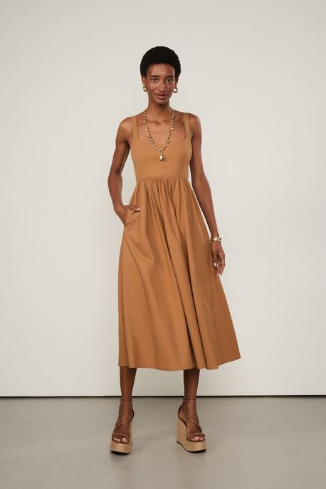 Vestido De Algodão Midi Marrom Gengibre - 44