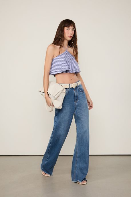 Calça Jeans Reta Barra Dobrada Jeans Claro - 44