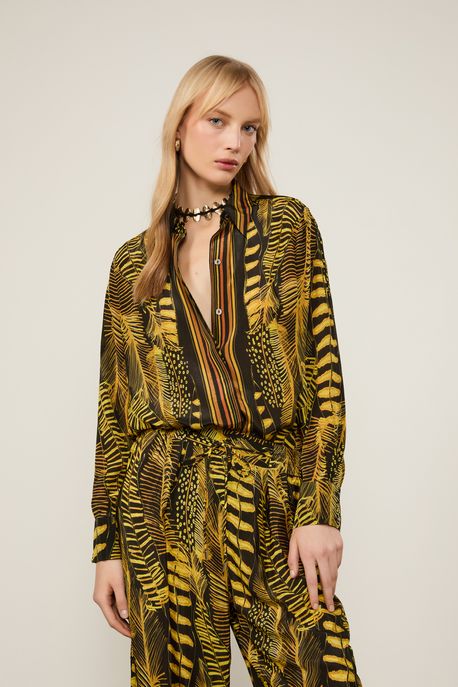 Camisa Com Barrado Estampada Est Folhagem Pena Preto e Blaze - 42