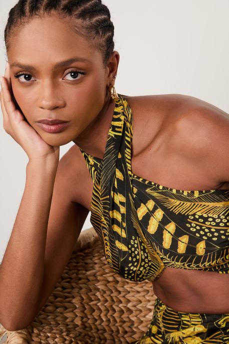 Top Frente Única Estampado Est Folhagem Pena Preto e Blaze - 38