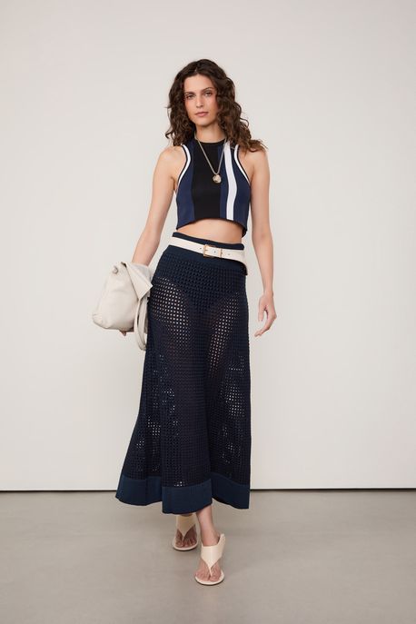 Regata De Tricot Cropped Nautico Esportivo Azul Ancora / Preto/ Off - M