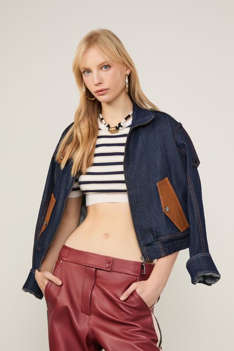 Top Cropped De Tricot Listras Lurex Off White/ Azul Ancora/ Lurex Dourado - P