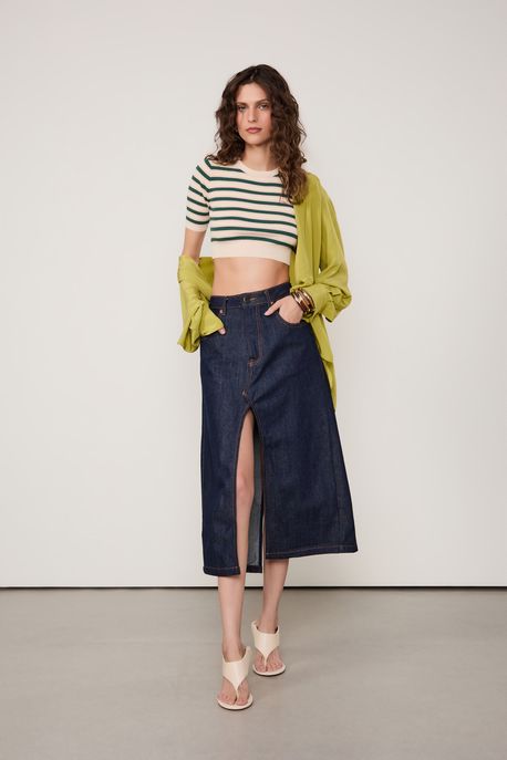 Top Cropped De Tricot Listras Lurex Bege Amendoado/ Verde Confrei/ Lurex Cob - M