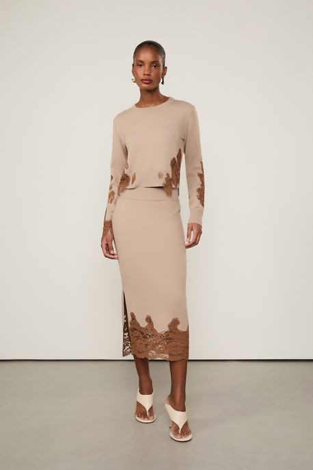 Blusa De Tricot Manga Longa Detalhe Renda Bege Amendoado/ Marrom Gengibre - P