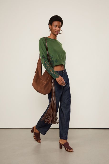 Blusa De Tricot Manga Longa Detalhe Renda Verde Confrei/ Verde Escuro - M