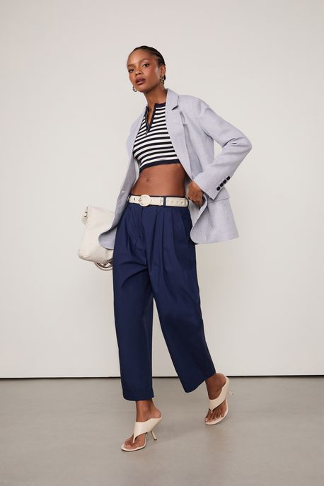 Top Cropped De Tricot Listrado Com Zíper Decote Azul Ancora / Off White - P