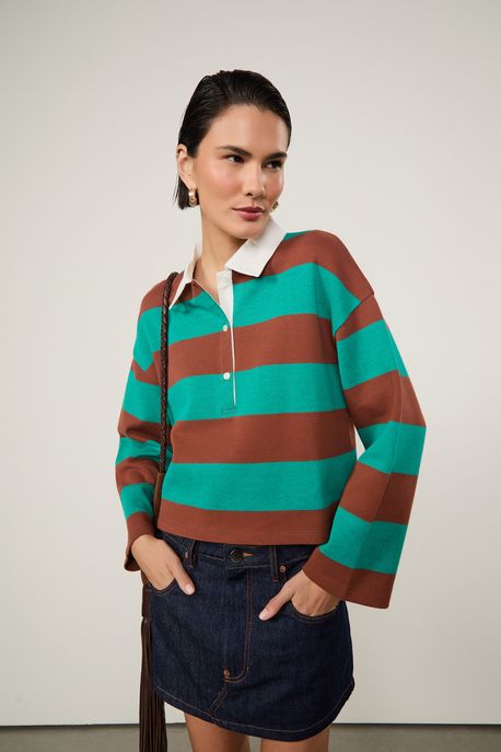 Blusa Polo Fio Tinto Verde Manga Longa Marrom / Verde - G
