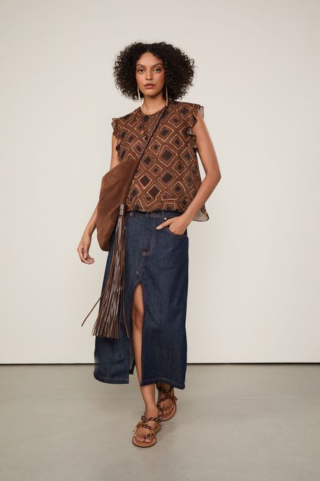 Blusa De Georgette Leve Babados Estampada Est Textura Taipas Color - 36