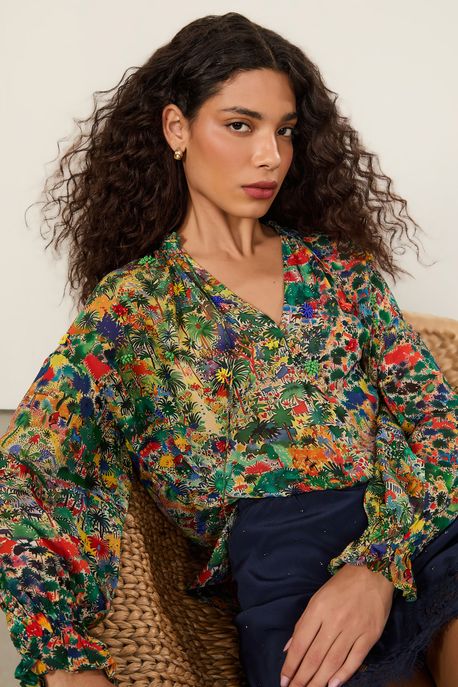 Bata De Georgette Leve Bordada Estampada Est Liberty Mapa Color - 36