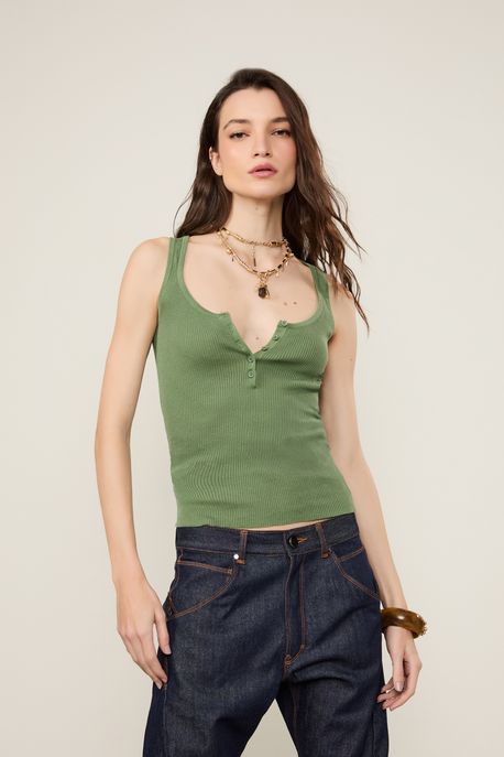 Regata De Tricot Leve Canelado Decote Botões Verde Confrei - M
