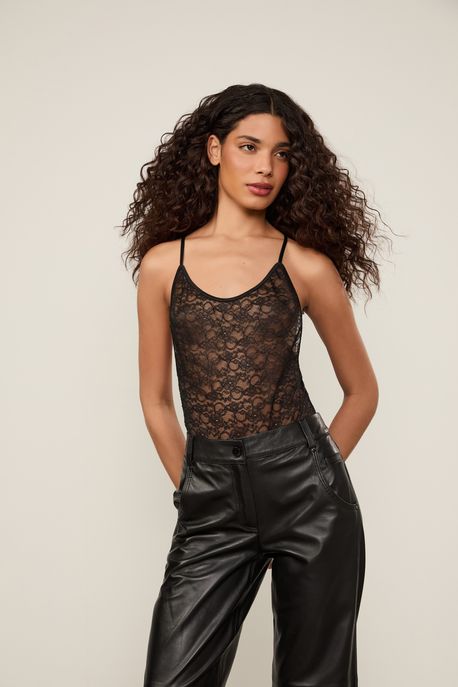 Body De Renda Preto Com Decote Nas Costas Preto - P