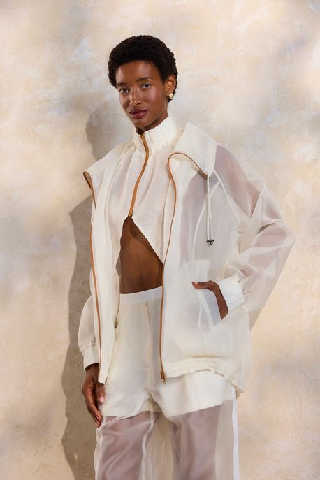 Jaqueta De Organza De Seda Com Transparência e Zíperes Contrastantes Off White - P