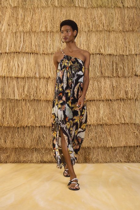 Vestido De Georgette Leve Midi Um Ombro So Alça Bordada Est Folhagem Mata Donca Preto g - 38