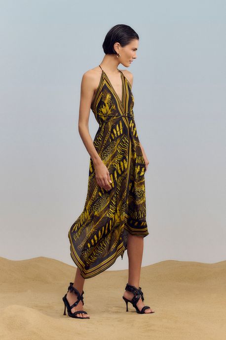 Vestido Midi Decote v Estampado Est Folhagem Pena Preto e Blaze - 42