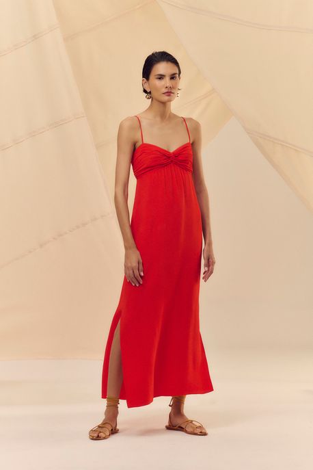 Vestido Midi De Alça Vermelho Busto Franzido Vermelho Flame - 38