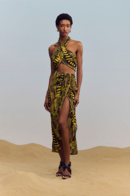 Saia Com Fenda Estampada Est Folhagem Pena Preto e Blaze - 40