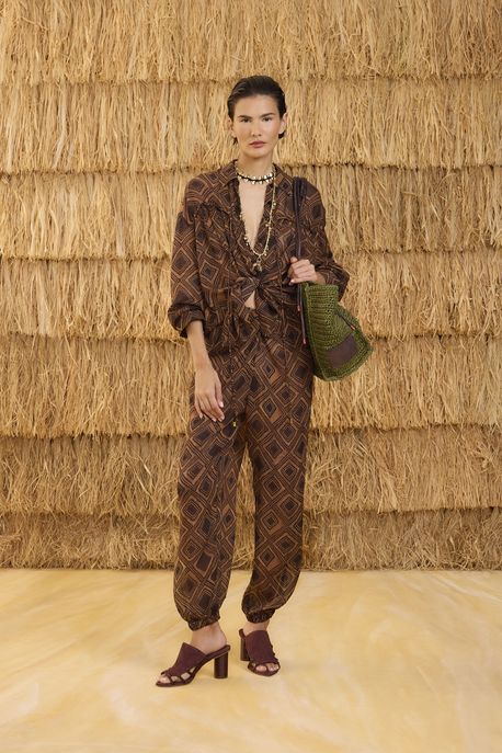 Calça De Georgette Leve Pareô Estampada Cós De Elástico Est Textura Taipas Color - 34