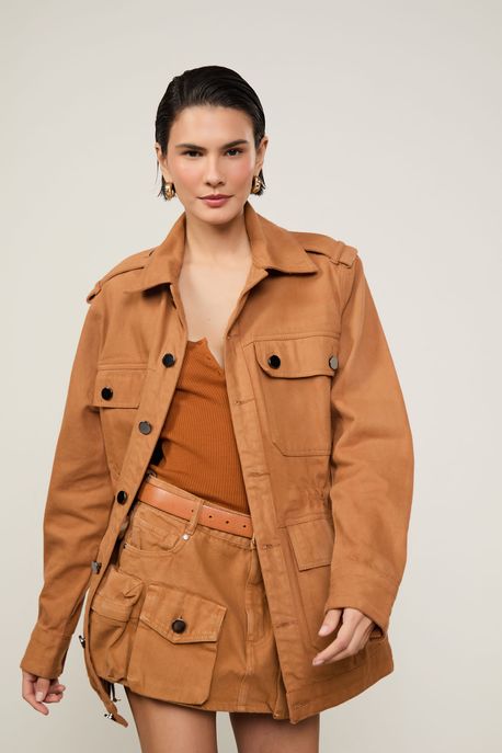 Jaqueta De Sarja Longa Bolsos Marrom Marrom Gengibre - G