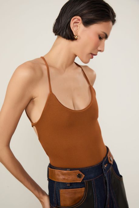 Body De Malha Cruzado Nas Costas Marrom Marrom Gengibre - M