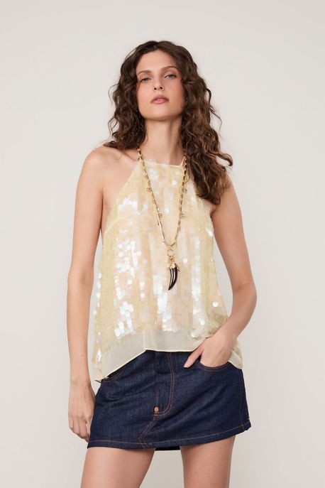 Top De Georgette Frente Única Amarelo Creme Com Paetes Amarelo Creme - 42