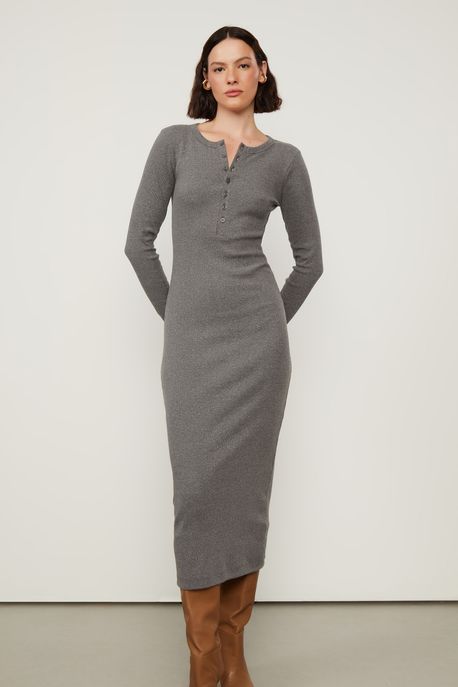 Vestido De Malha Ribana Cinza Mescla Midi Mescla Escuro - P