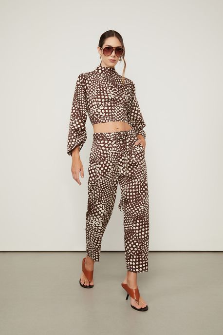 Calça Cropped Reta De Algodão Estampada Pois Vitral Cafe e Creme - 44