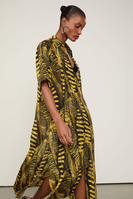 Chemise Midi Com Fenda Estampado Est Folhagem Pena Preto e Blaze - 36