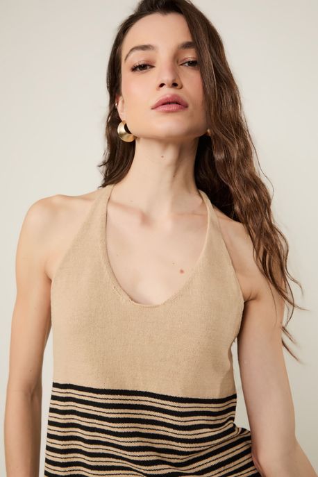Regata De Tricot Mix Linho Listras Natural/ Listra Preta - P
