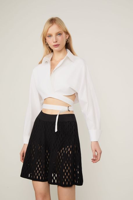 Saia De Tricot Curta Com Ponto Rede Preto - P